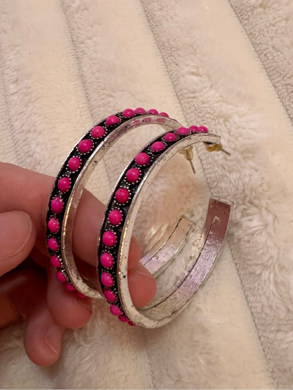 Silver Hoop Earrings with Pink Bead Accent